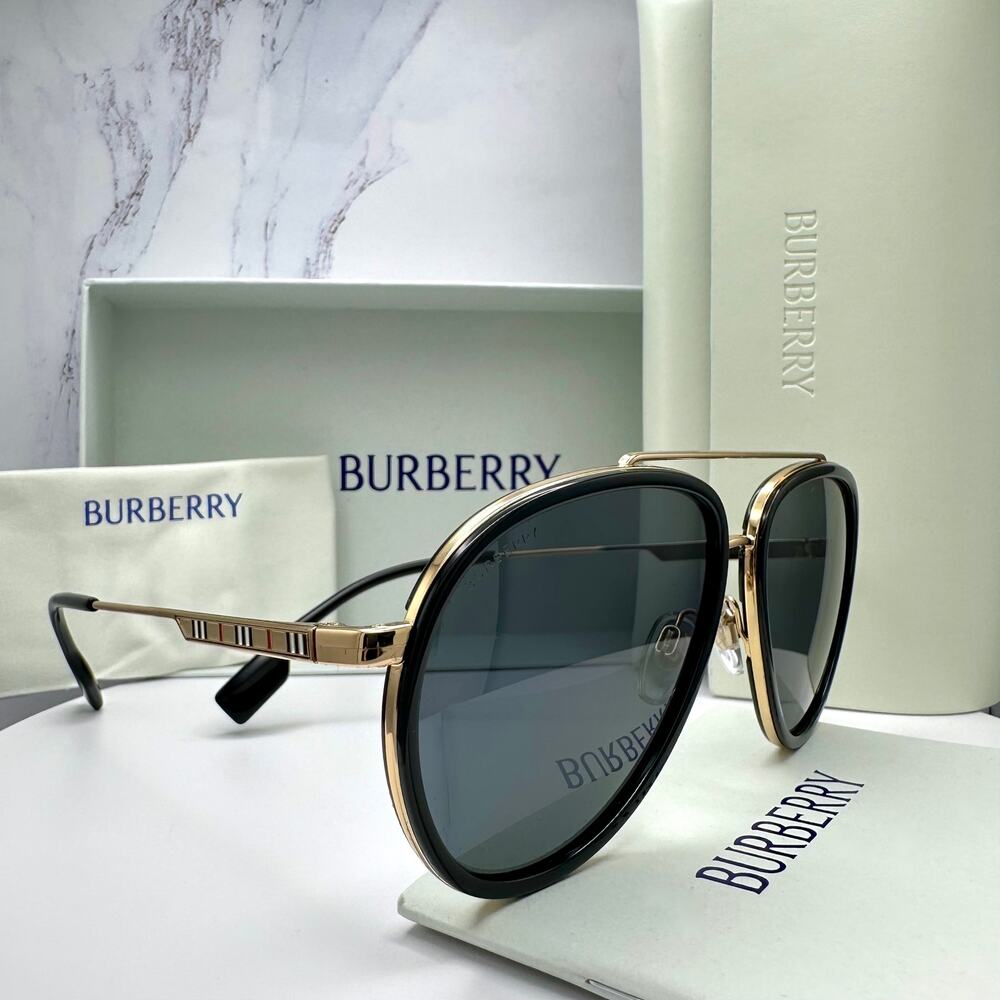 New Burberry Sunglasses Polarized Gold Black Check Arms Aviator Pilot Metal - Picture 1 of 16